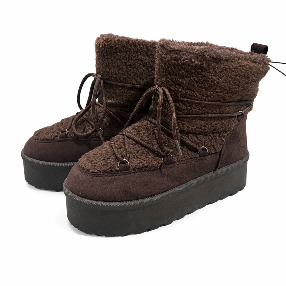 SugarKiss Brown Platform Suede Winter Boots Faux Fur Pull On Size 8.5